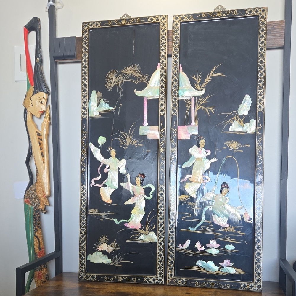 Shell Asian Vintage Geisha Koi Chinese Black and Gold Asian Wall Art Panels